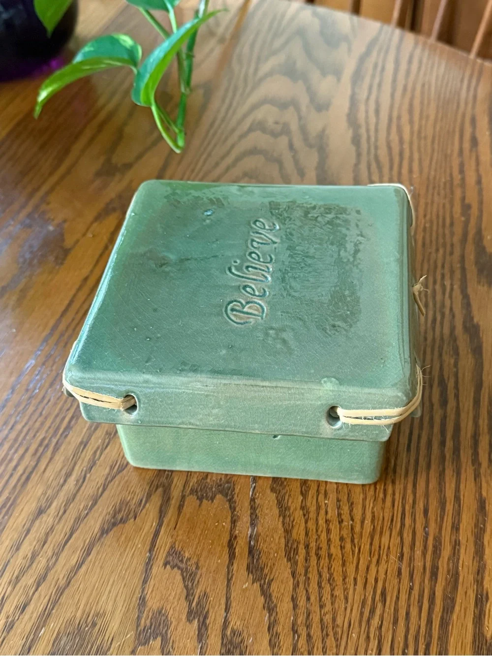 Believe Ceramic Trinket Box Green With Straw Accents